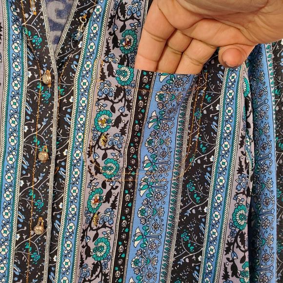 Aratta Silent Journey Embroidered Floral Blouse Tunic Womens Large Blue Boho EUC - Picture 4 of 16